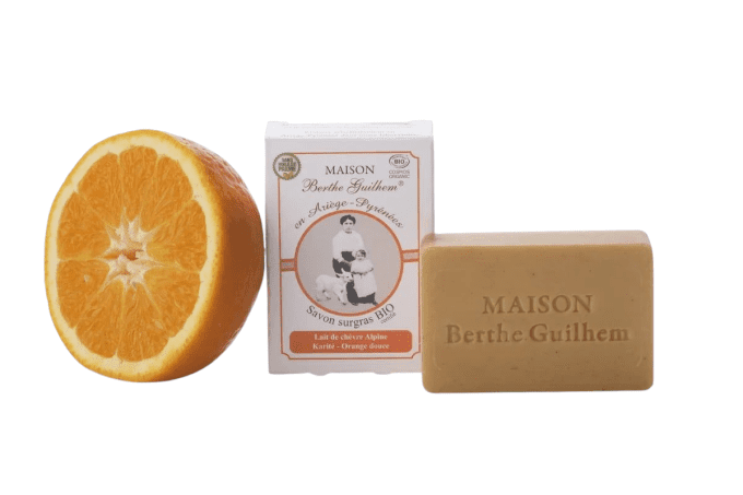 Savon certifié BIO sans huile de palme au lait de chèvre - KARITE/ORANGE